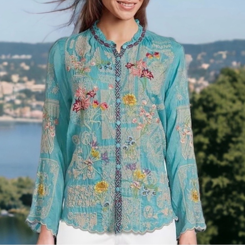 **SOLD**  Johnny Was Allbee Embroidered Teal Women's Top